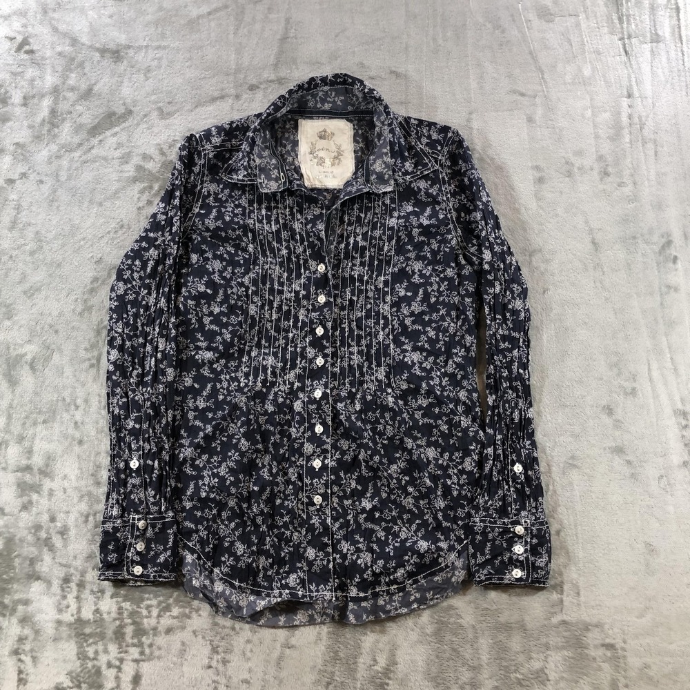 Cino Shirt Womens XS Blue White Floral Crinkle Button Front Cotton Long Sleeve